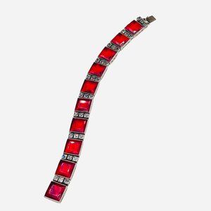 Authentic Art Deco Red  and Clear Glass Link Bracelet Silver Tone Metal